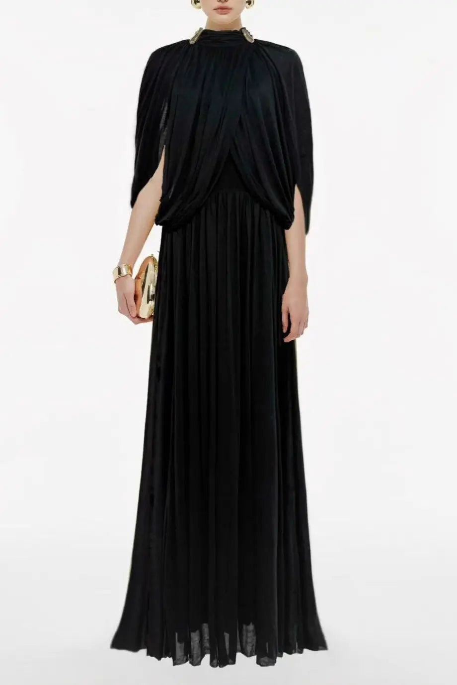 leona black Draped Cape Sleeve Knit Maxi Dress Avalabel