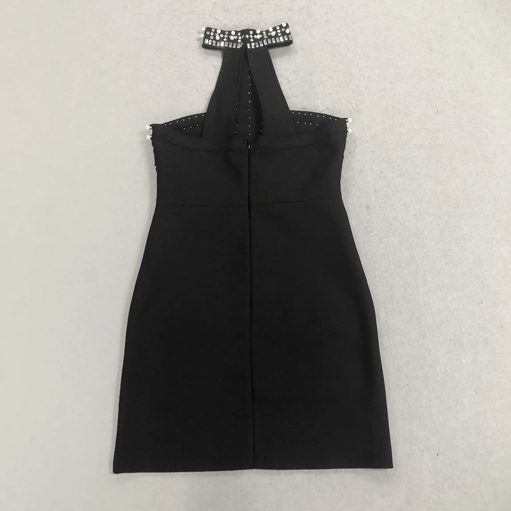 nelly pearl rhinestone halter mini dress in black Avalabel