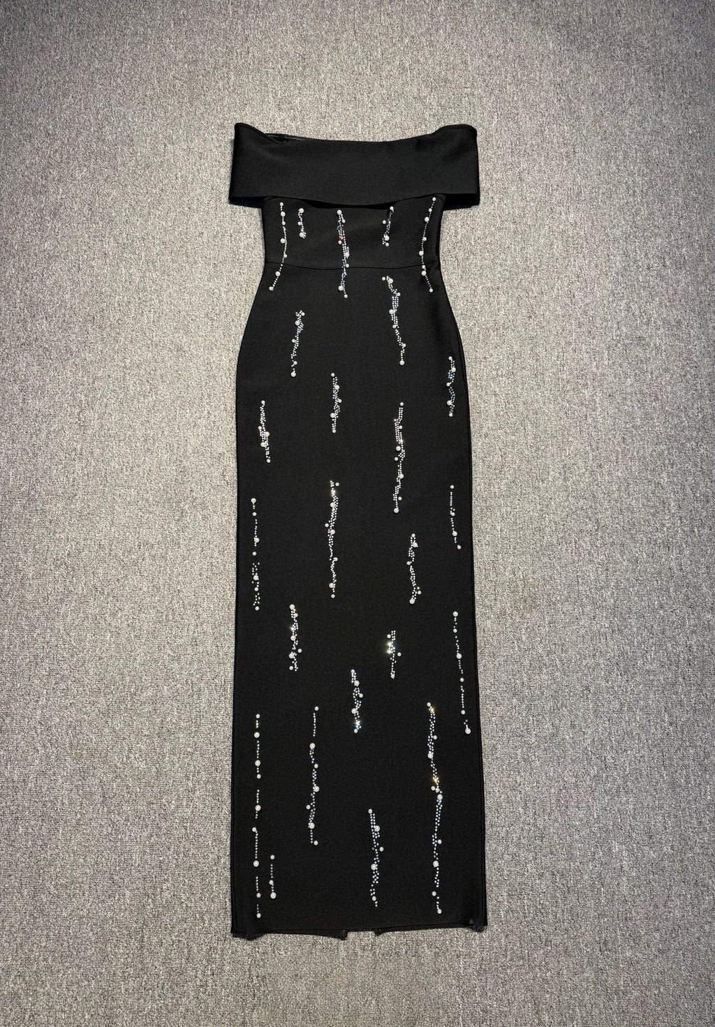 laurel Off-shoulder rhinestone bandage maxi dress in black Avalabel