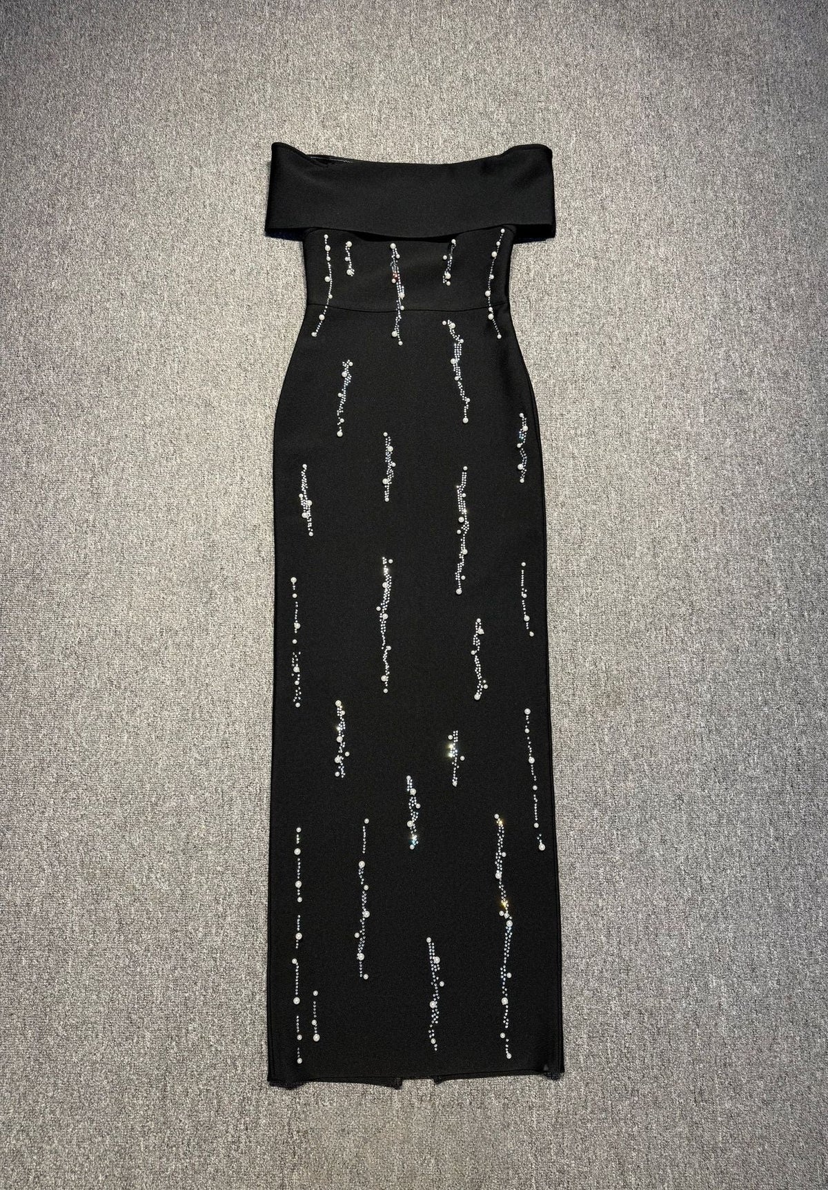 laurel Off-shoulder rhinestone bandage maxi dress in black Avalabel