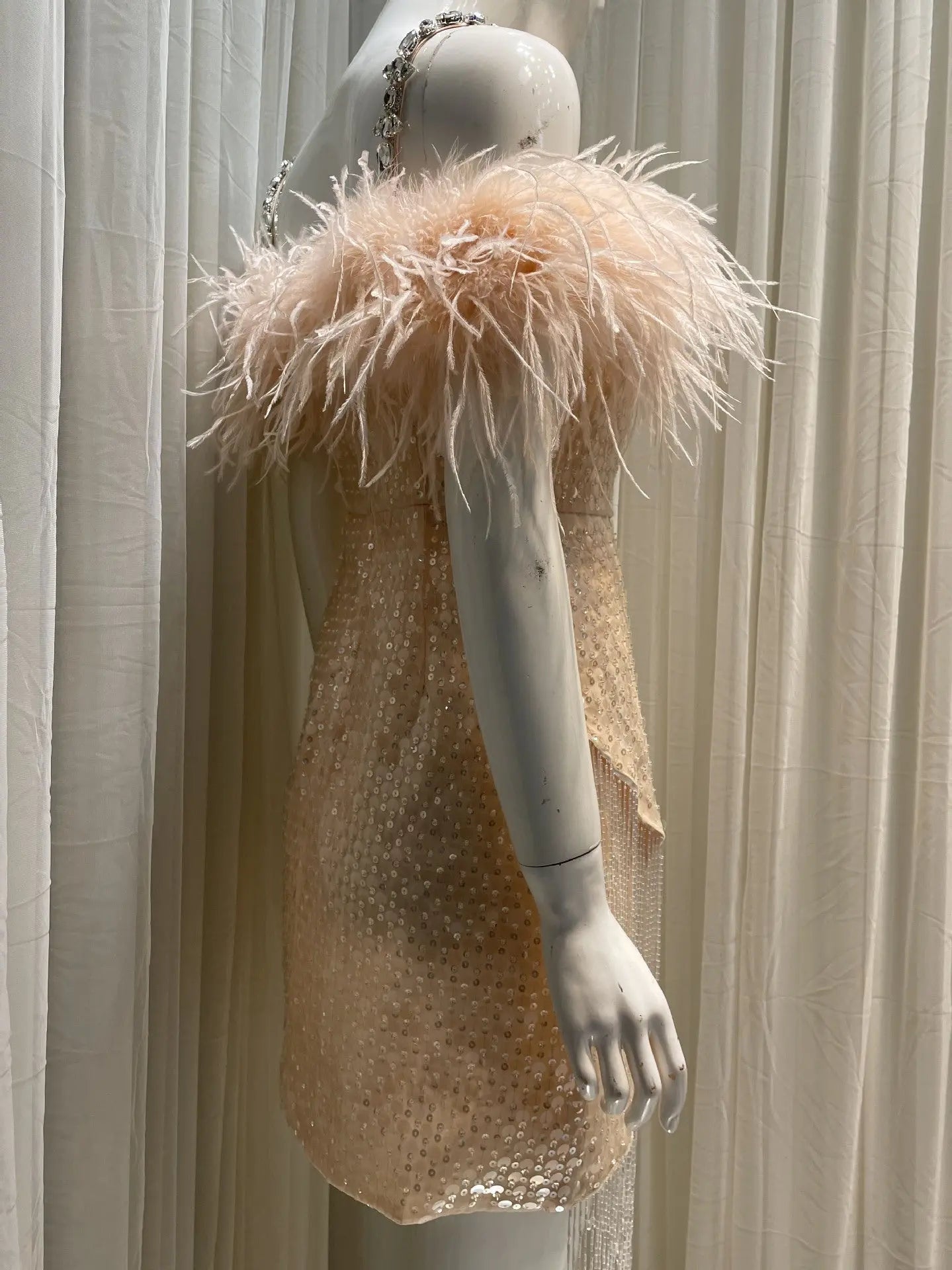 priscilla sequin feather crystal-strap mini dress in pink Avalabel