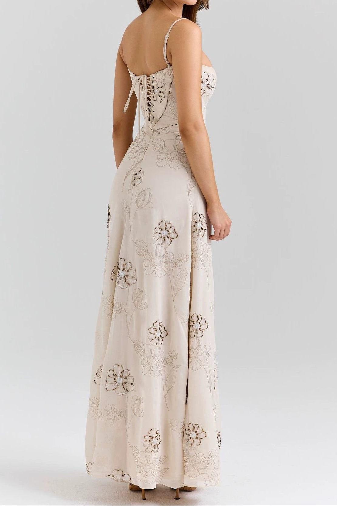 Beige Floral Beaded Spaghetti Strap Maxi Dress Avalabel