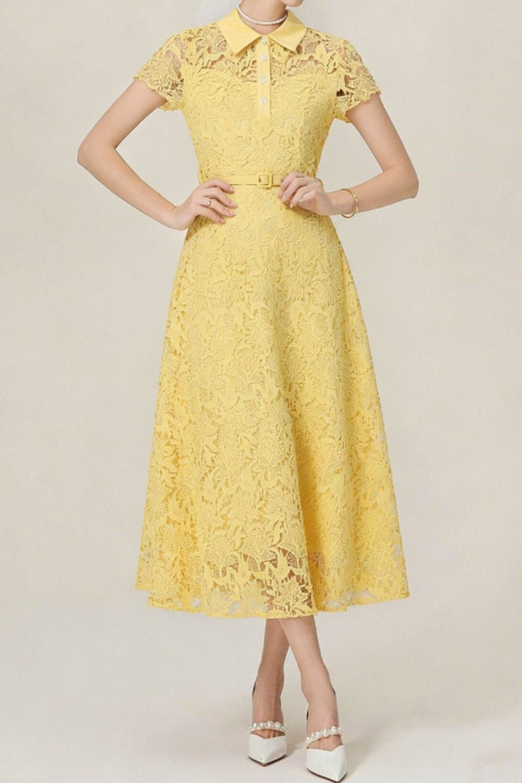 Lace Collared Belted Midi Dress Avalabel