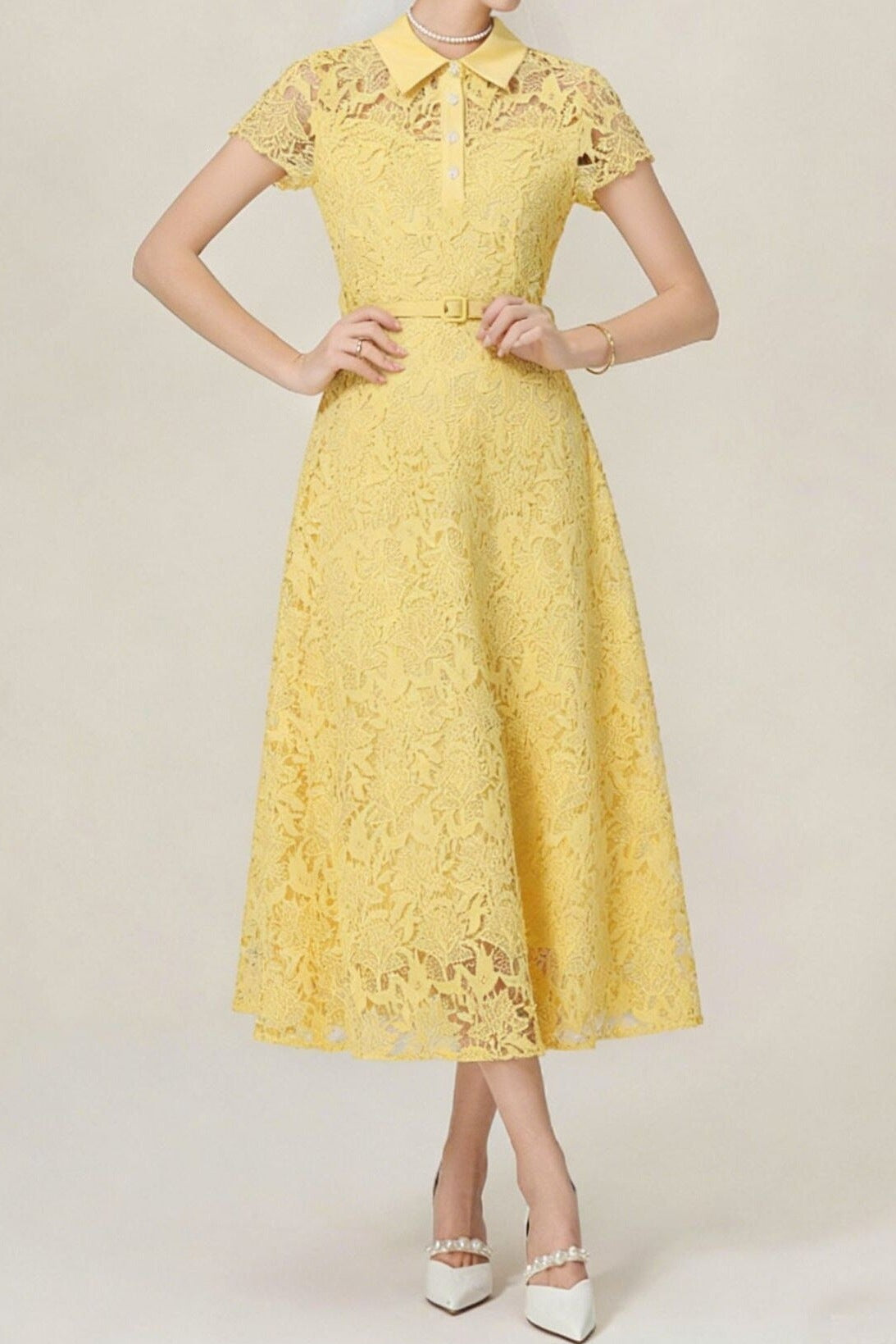 Lace Collared Belted Midi Dress Avalabel