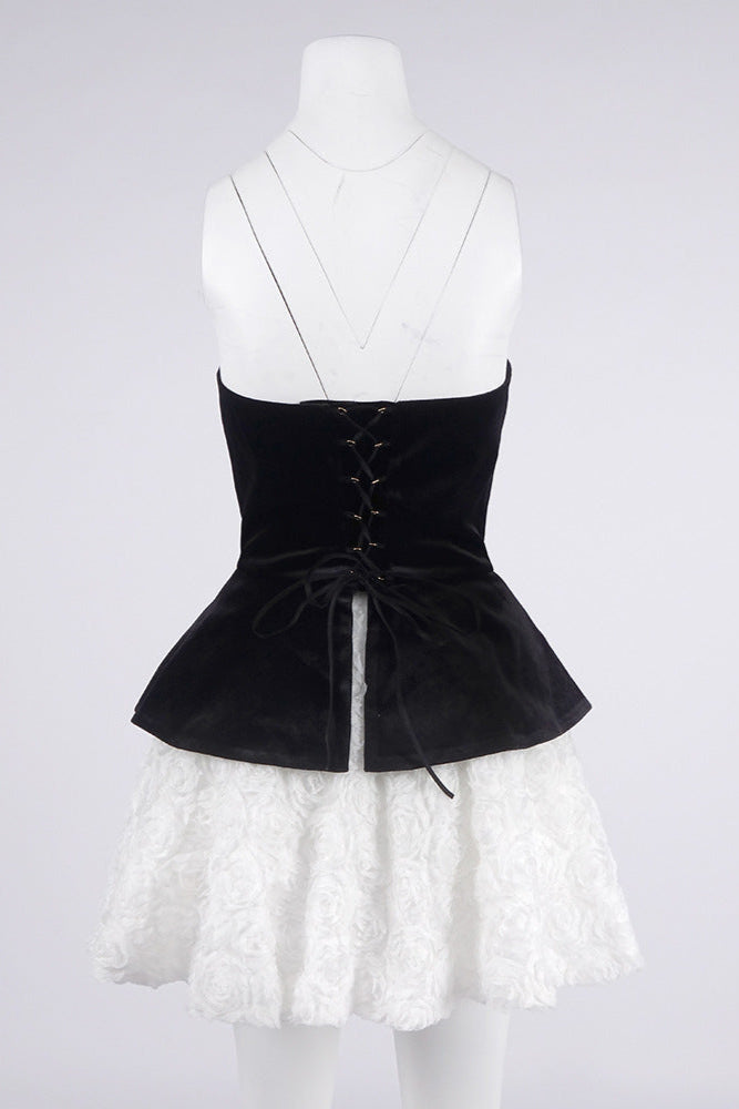 Petal-Layered Velvet Top Mini Skirt Suit Without Glove - Black/White Avalabel