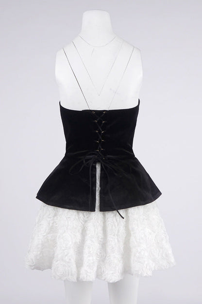 Petal-Layered Velvet Top Mini Skirt Suit Without Glove - Black/White