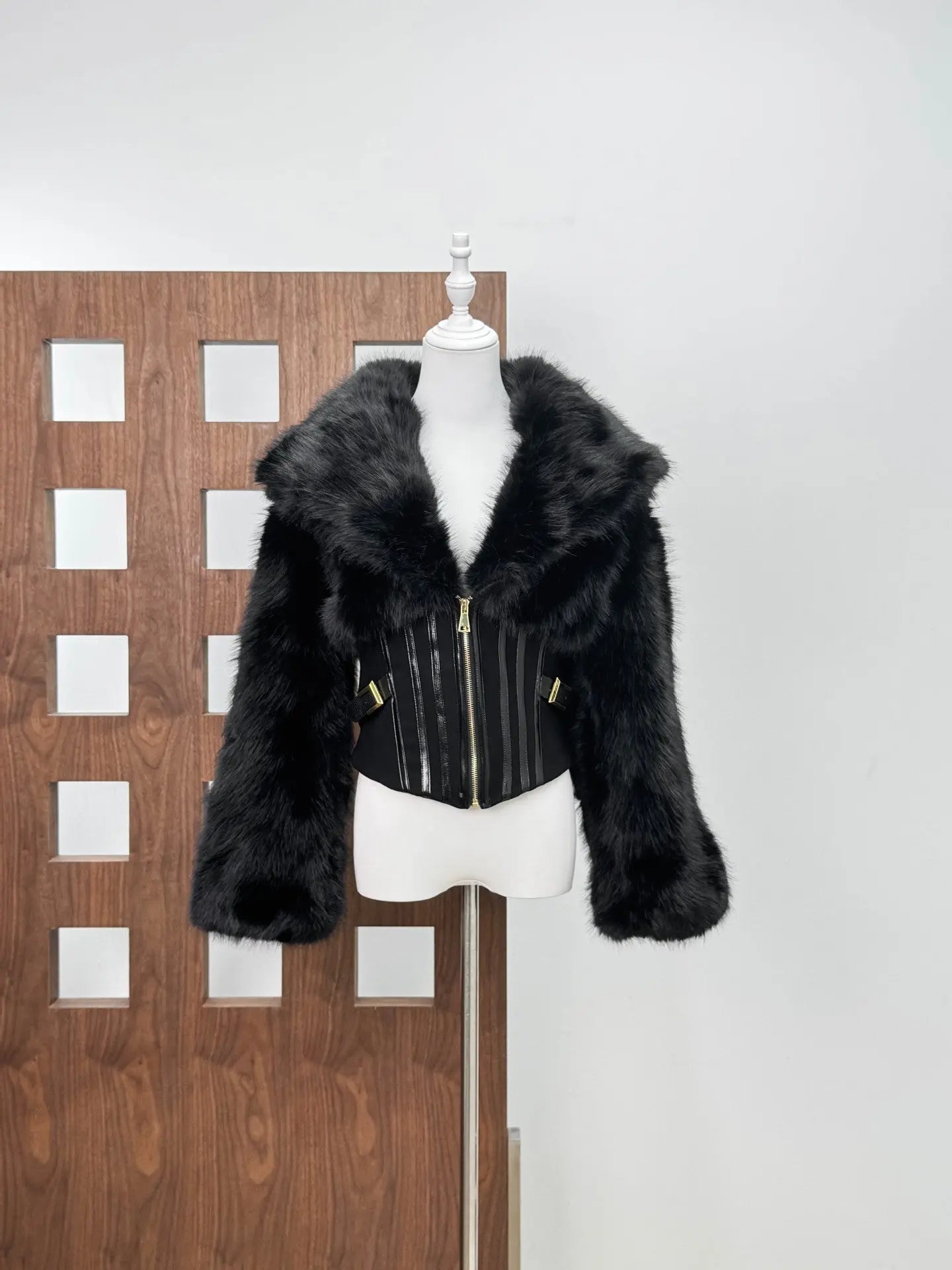 adelaide Faux Fur Corset Jacket in black Avalabel