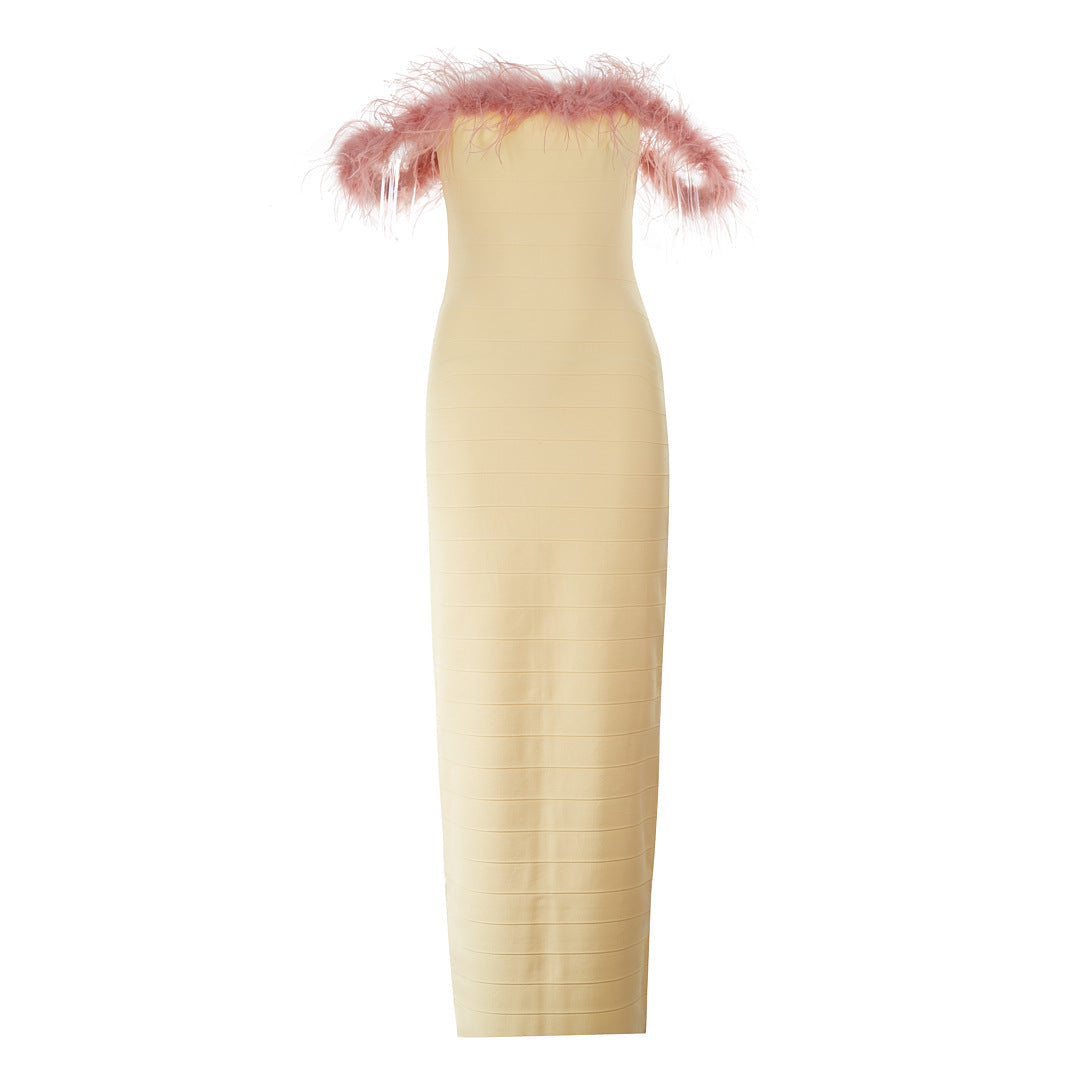 Yellow Midi Bandage Dress with Off-Shoulder Feather Embellishments Avalabel