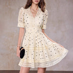 Polka Dot V-Neck A-Line Mini Dress in Apricot Avalabel