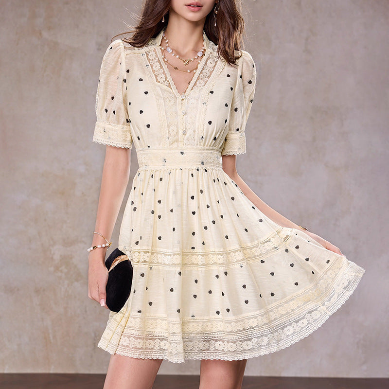 Polka Dot V-Neck A-Line Mini Dress in Apricot Avalabel