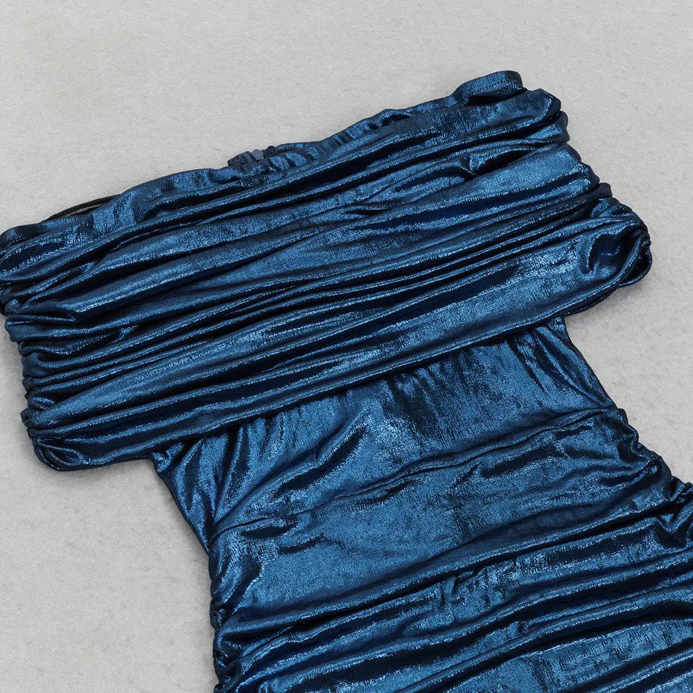 doris dark blue Contour Metallic Off Shoulder Ruched Maxi Dress Avalabel