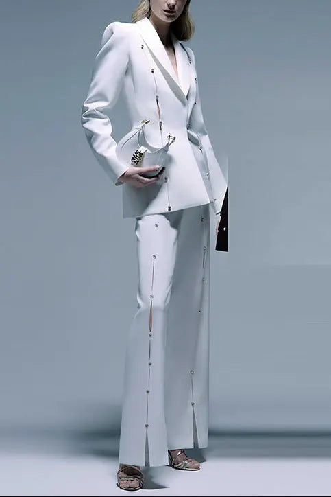 theresa diamond studded hollow out blazer set in white Avalabel