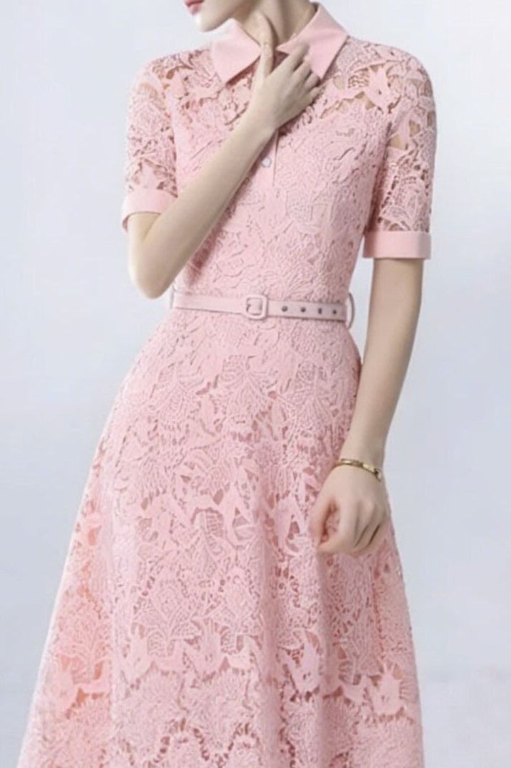 Lace Collared Belted Midi Dress Avalabel