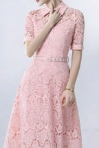 Lace Collared Belted Midi Dress Avalabel