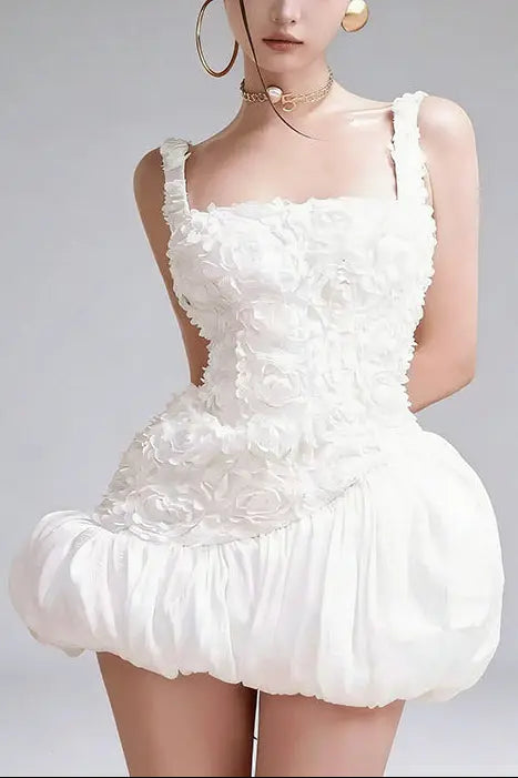jocelyn flower embellished puffy mini dress in white Avalabel