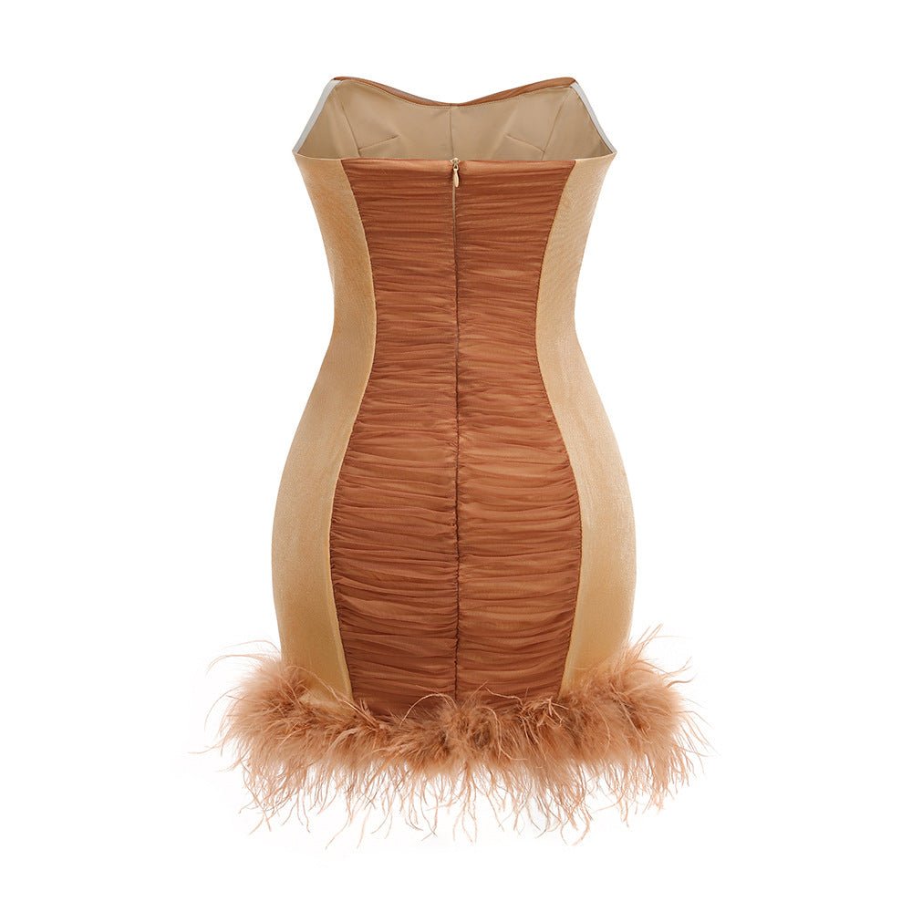 Anna Rhinestone Embellished Feather Strapless Mini Dress in Pale Brown Avalabel