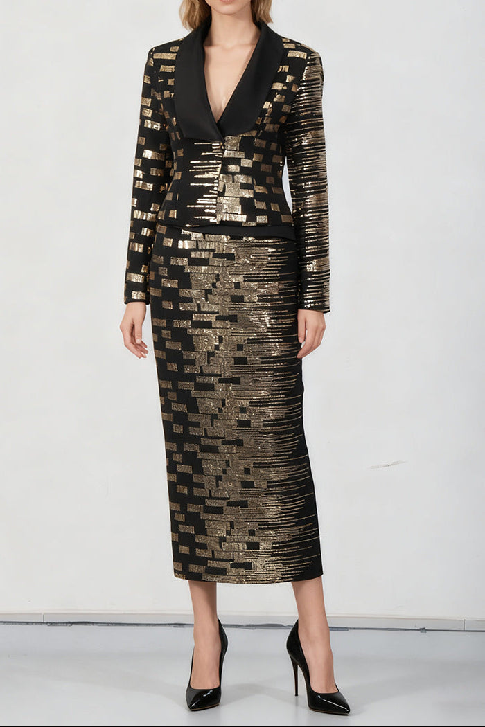 high-waisted skirt Gold sequin print blazer suit in black Avalabel