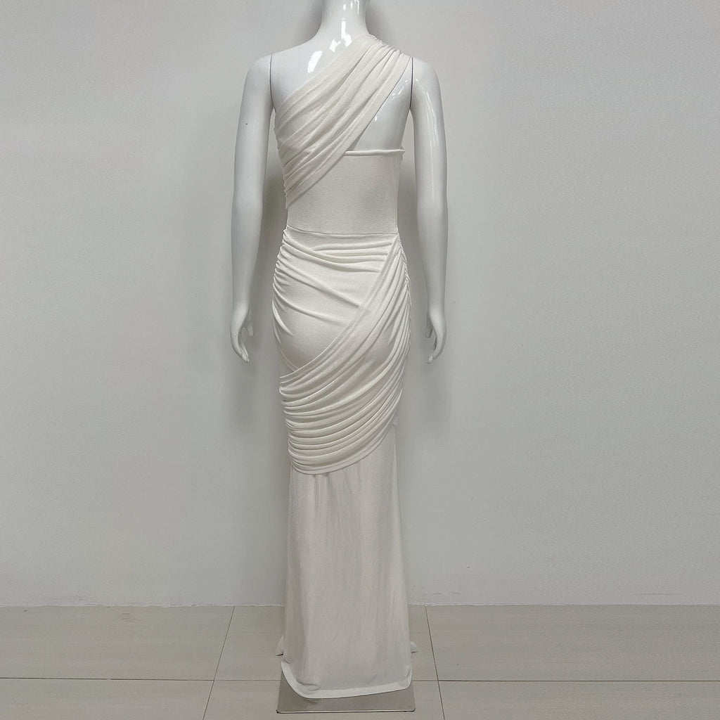 Janice Asymmetrical Off-Shoulder Ruffled Fishtail Maxi Dress - White Avalabel