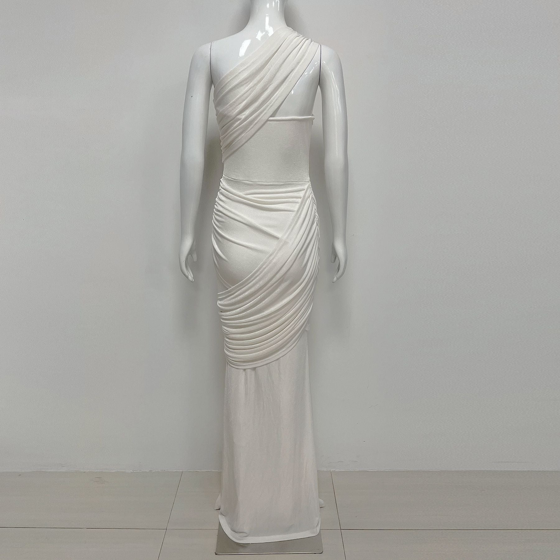 Janice Asymmetrical Off-Shoulder Ruffled Fishtail Maxi Dress - White Avalabel