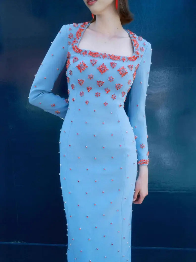 meroy square neck floral Beading Embroidery maxi dress in sky blue Avalabel