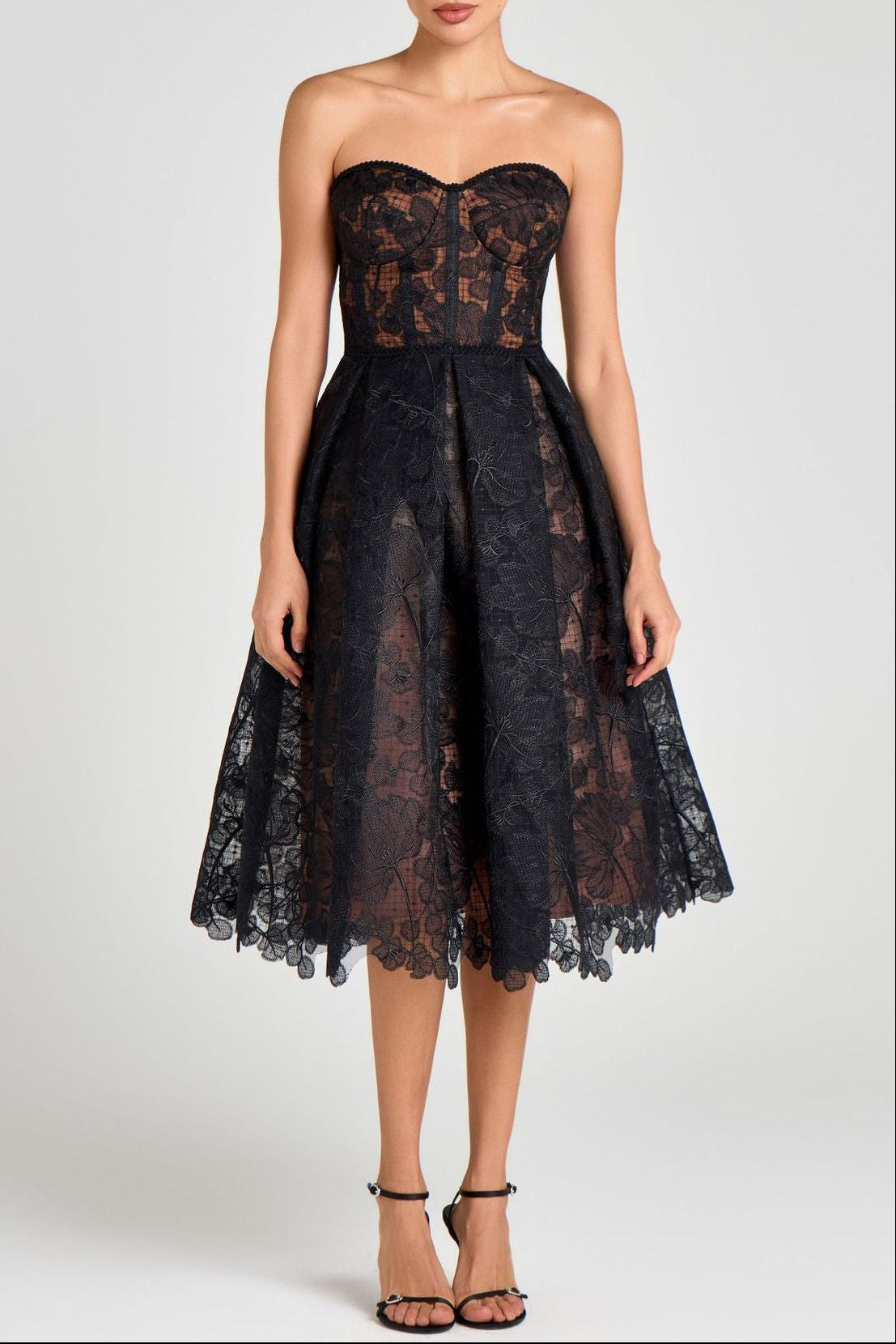 Agnens Black Sexy Strapless Embroidered Lace Midi Dress Avalabel