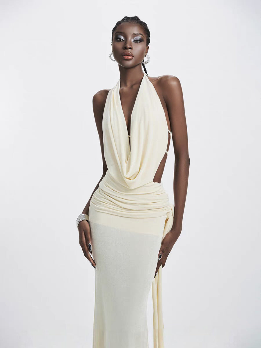 Carol Ruched Halter Bodycon Maxi Dress in White Avalabel