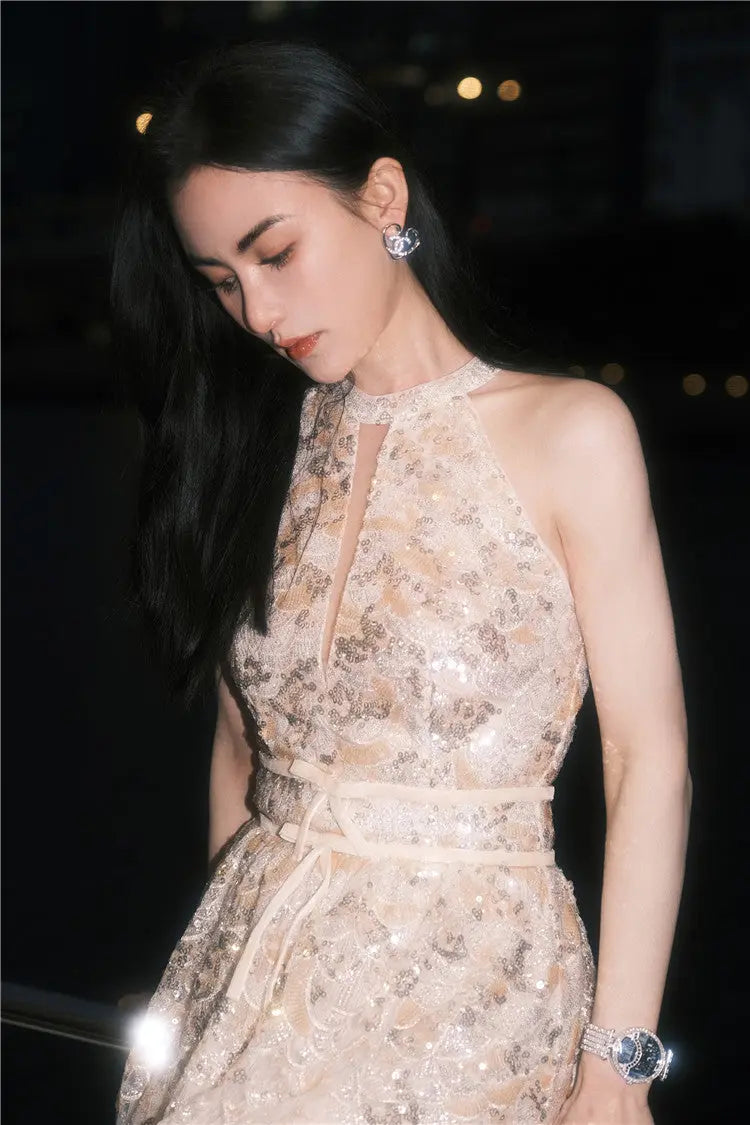 Gold Couture with Floral Embroidery Sequin Banquet Dress Avalabel