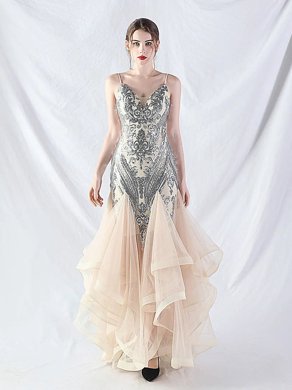 sequin slip tulle maxi dress Avalabel