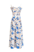 Pleated Floral-Print Linen Bustier Top Skirt Set in Blue Avalabel
