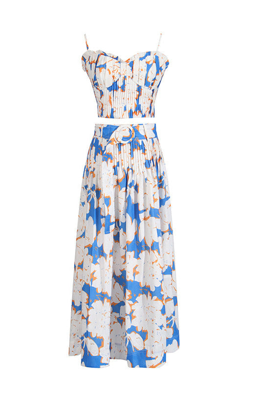 Pleated Floral-Print Linen Bustier Top Skirt Set in Blue Avalabel