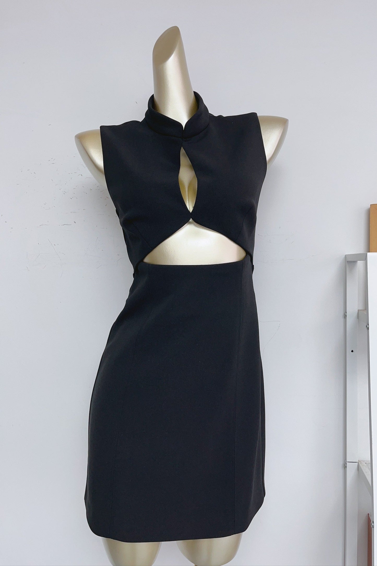 Stand Collar Cutout Mini Dress in Black