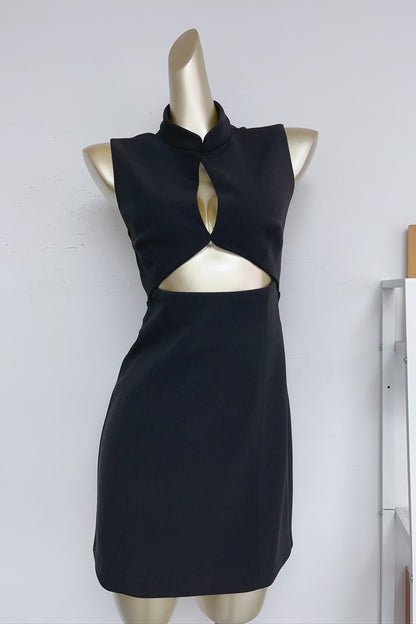 Stand Collar Cutout Mini Dress in Black