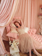 heloise lace mesh flower detail maxi dress in cream pink Avalabel