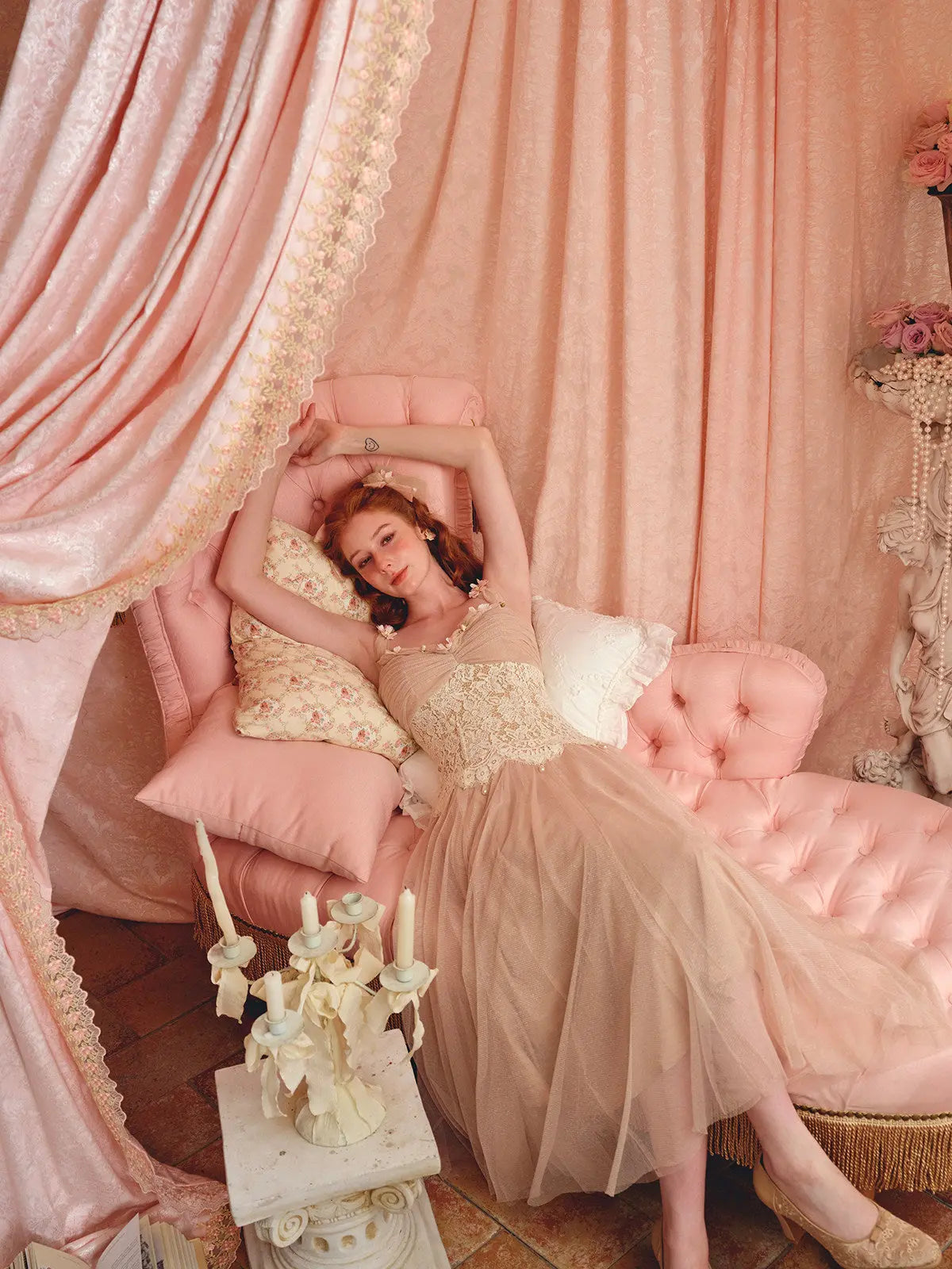 heloise lace mesh flower detail maxi dress in cream pink Avalabel
