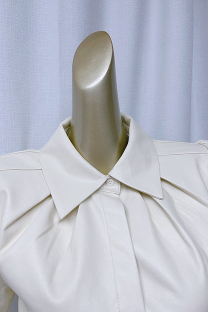 White Lapel Collar Leather Puff Sleeves Mini Dress