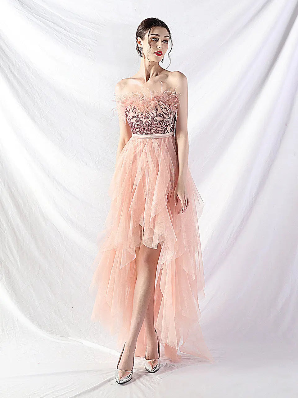 Strapless feather tulle midi dress Avalabel