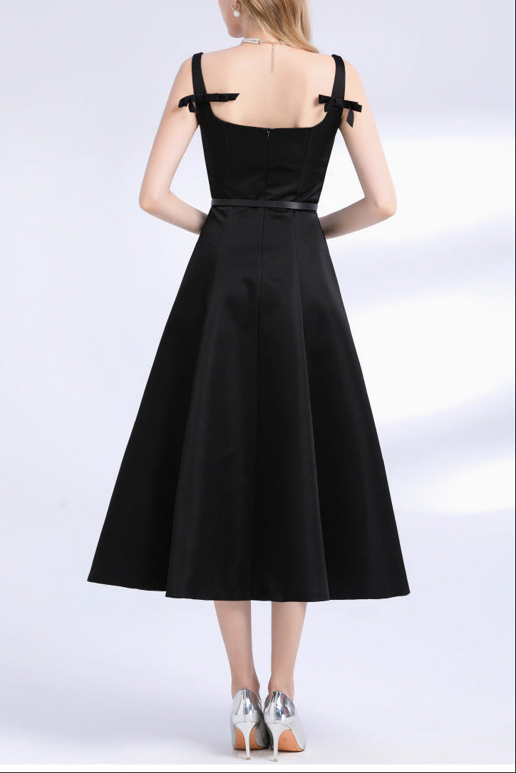 Amelia Square Neck Satin Slip Midi Dress - Black Avalabel