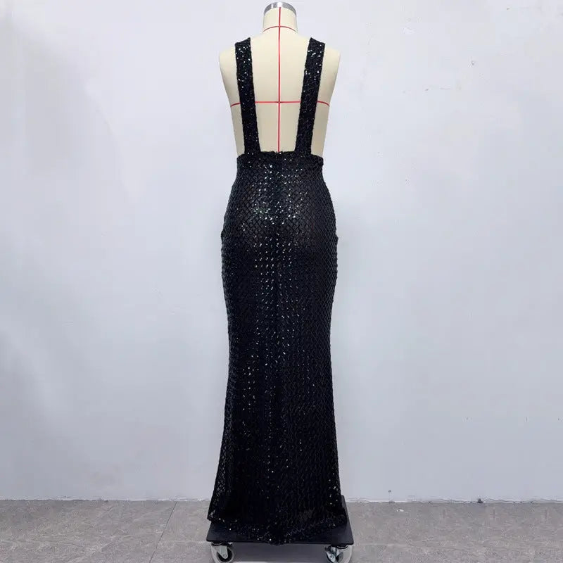 rebecca bow sequin embellished v neck maxi dress in black Avalabel