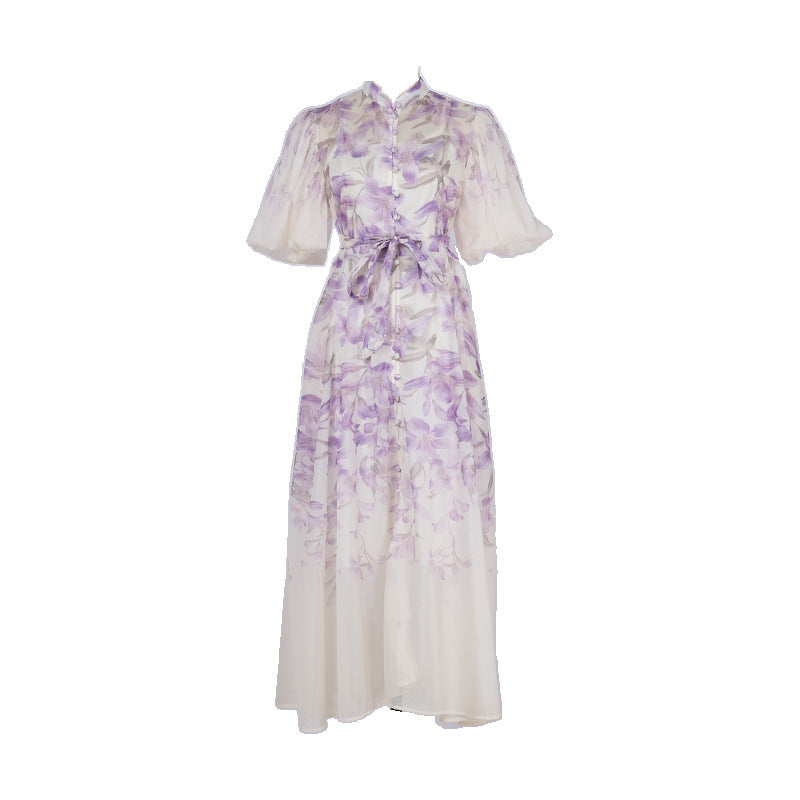 Pink Floral Print Mandarin Collar Chiffon Maxi Dress Avalabel