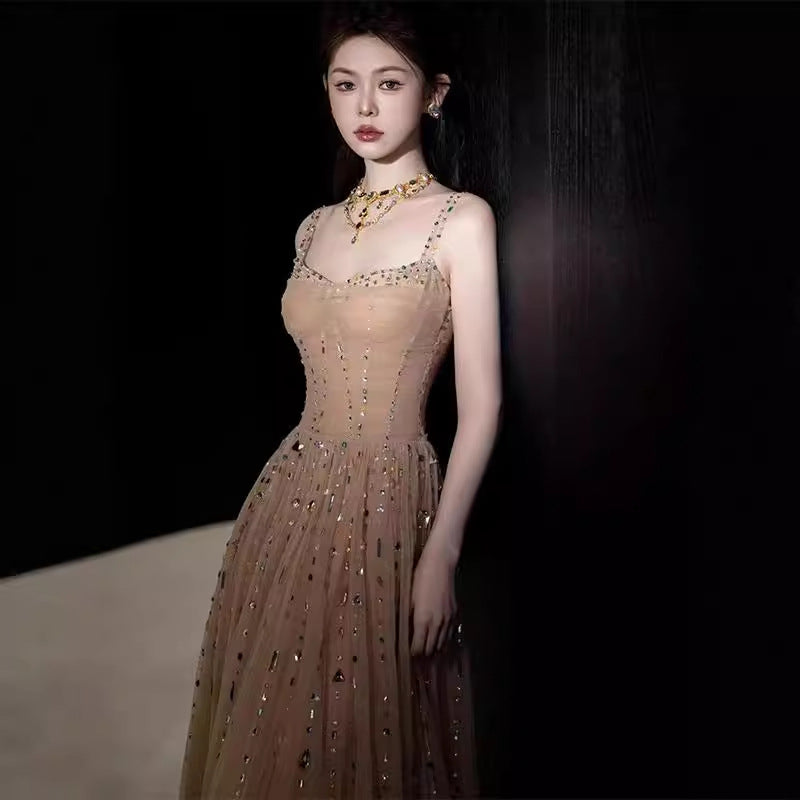 Nicola's Elegant Backless Halter Maxi Dress - Champagne Avalabel