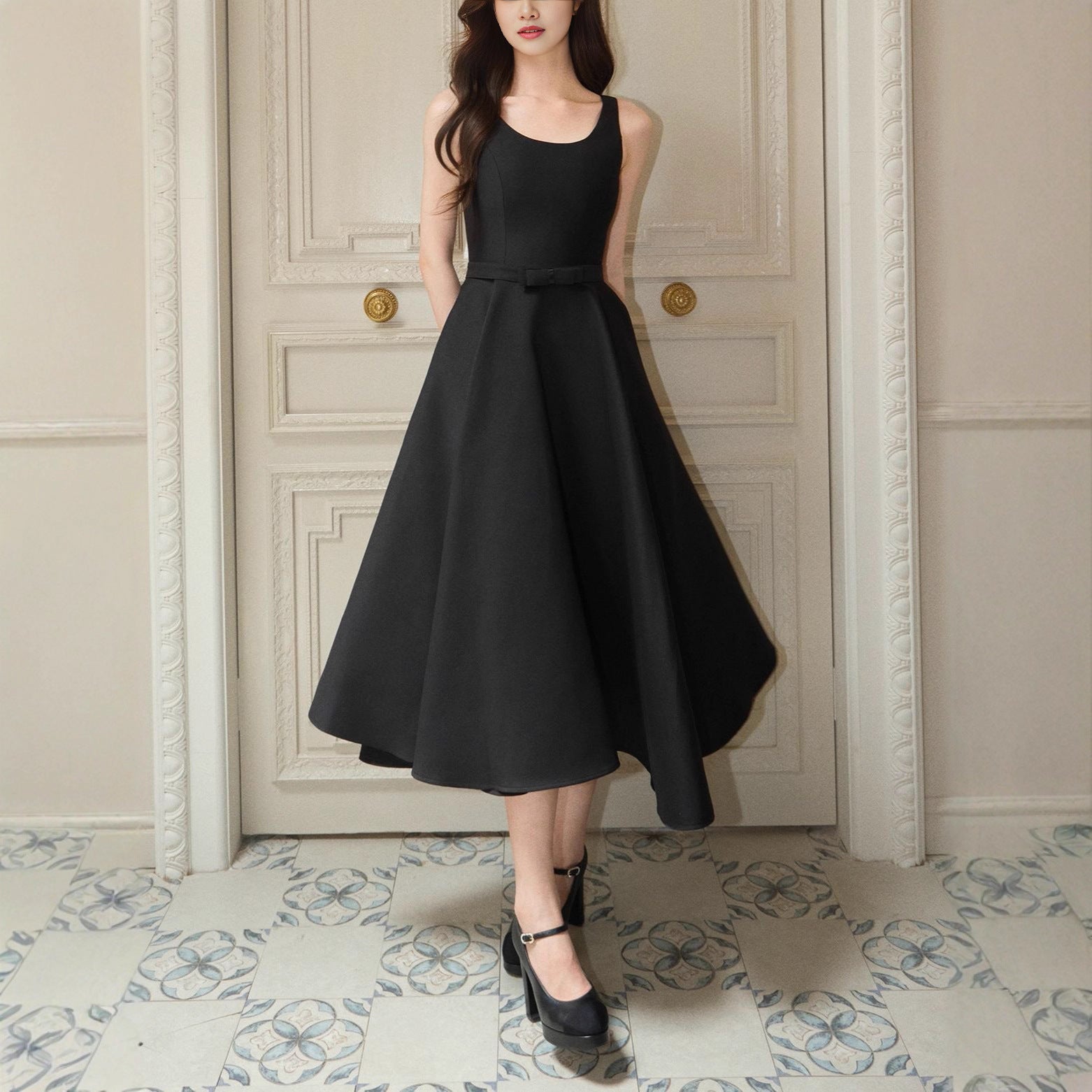 Bow U-Neck Sleeveless Hepburn Midi Dress Avalabel