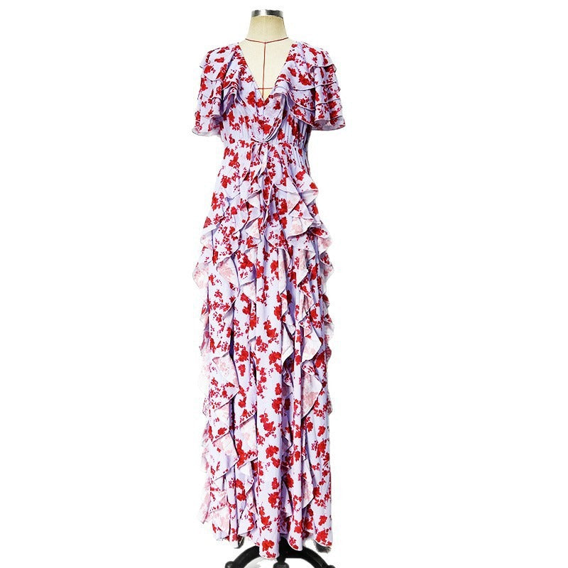 Jamie Multicolor Floral printed Chiffon Ruffle Maxi Dress Avalabel