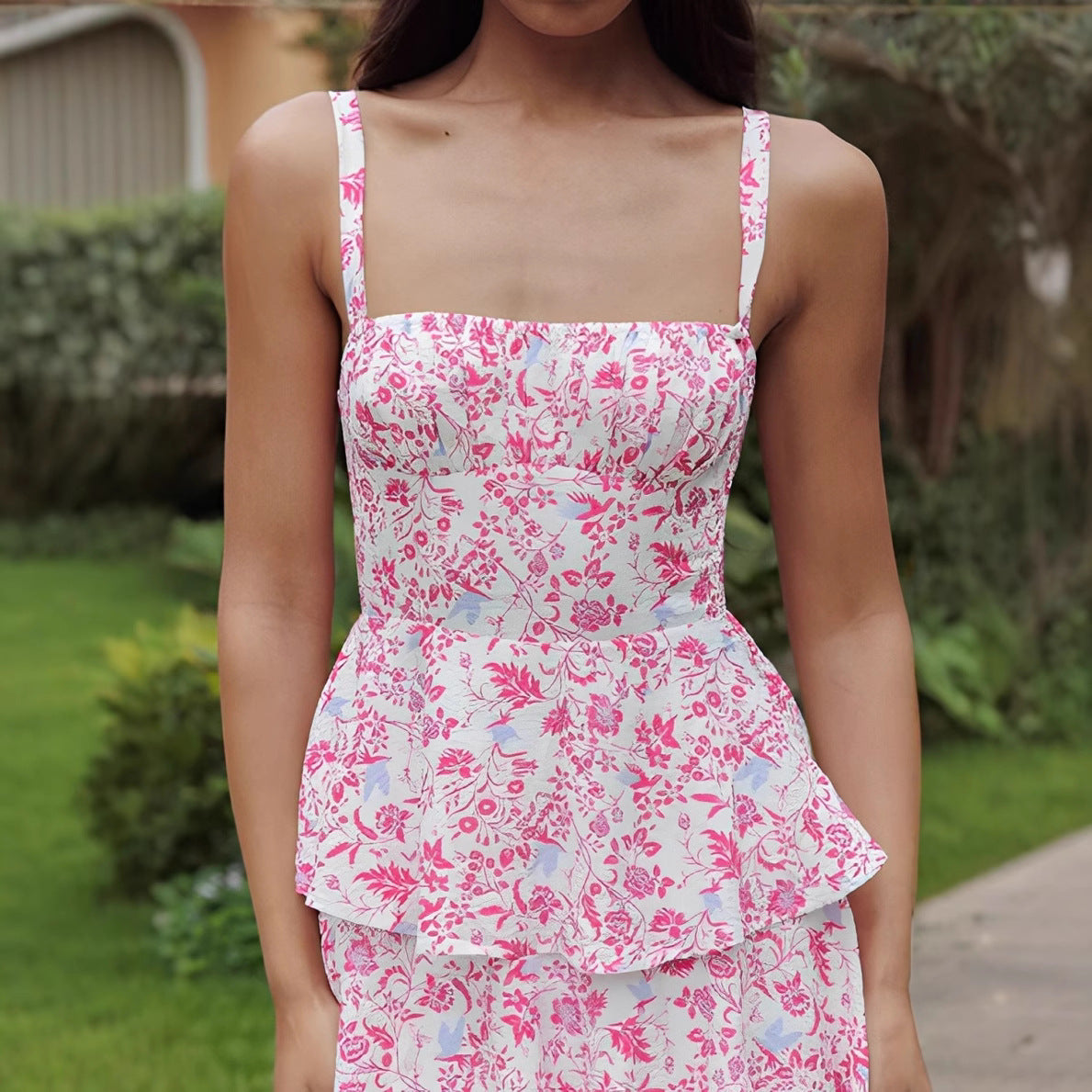 Zara Floral Print Layered Strappy Maxi Dress in Pink Avalabel