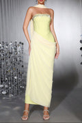 Rhinestone Patchwork Strapless Herringbone Maxi Dress - Yellow Avalabel