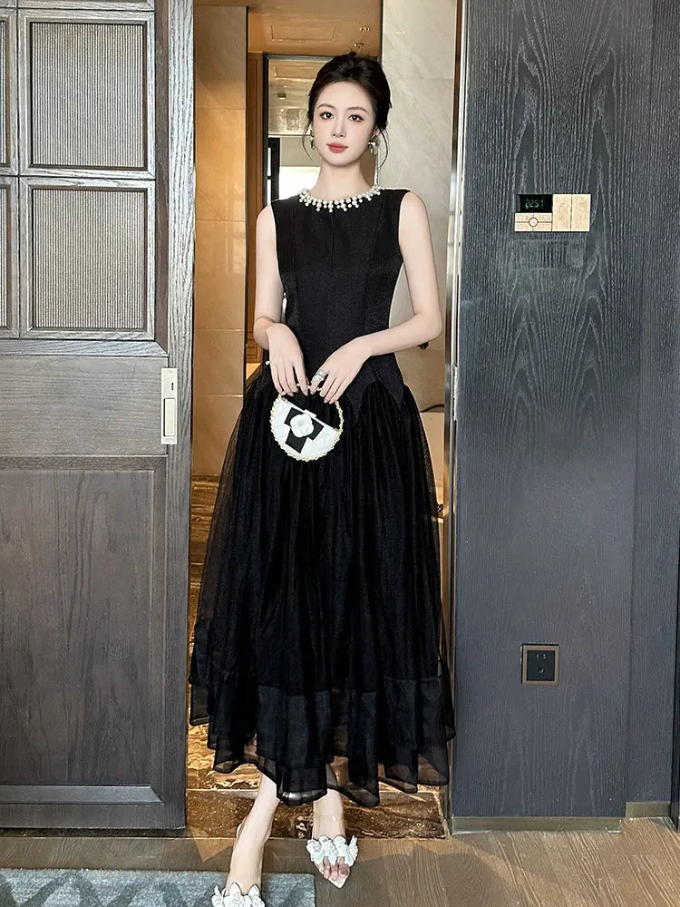 Mandy Black Pearl Neck Sleeveless Puffy Maxi Dress Avalabel