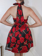 Jacquard halter backless A-line mini dress Avalabel