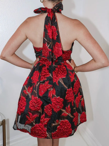 Jacquard halter backless A-line mini dress