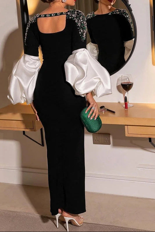ellen black Long Sleeve Rhinestone Contrast Bandage Maxi Dress