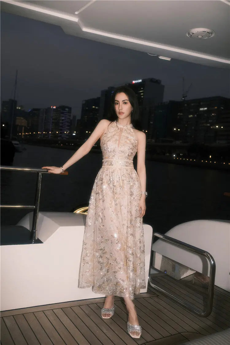 Gold Couture with Floral Embroidery Sequin Banquet Dress Avalabel
