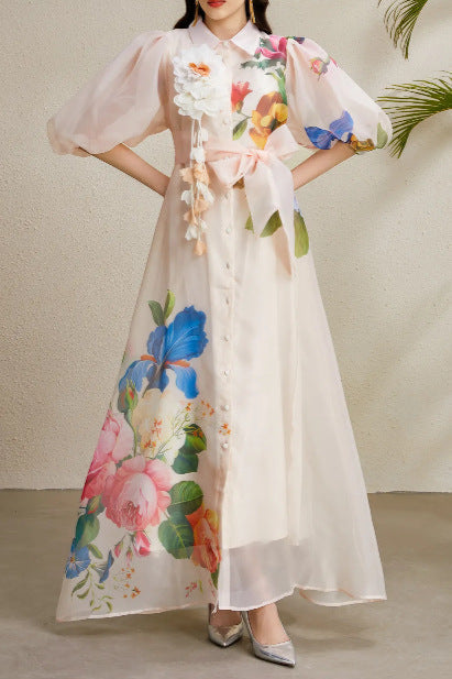 Single-Breasted Floral Printed Puff Sleeve Maxi Dress in Apricot Avalabel